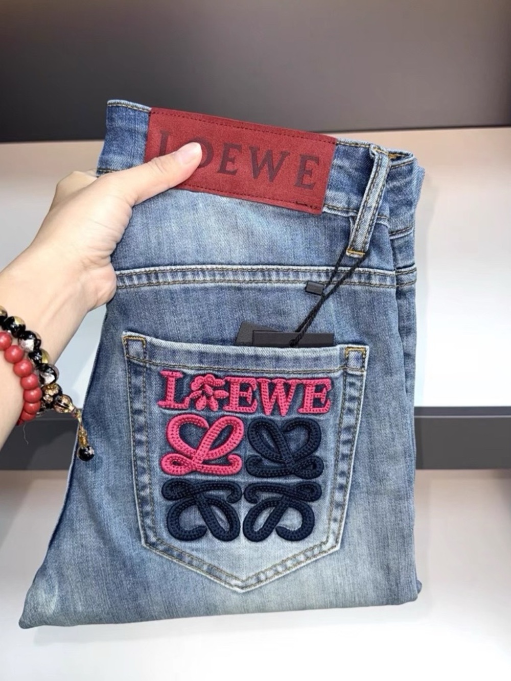Loewe Embroidered Blue Denim Jeans - Pink & Navy Accent